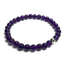 Load image into Gallery viewer, A handmade 6mm amethyst beaded stretch bracelet.
