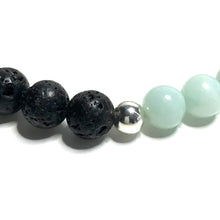 Load image into Gallery viewer, Close up of sterling silver bead between amazonite and lava beads

