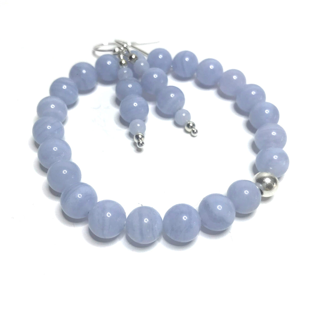 Blue lace agate beaded bracelet and matching drop earrings