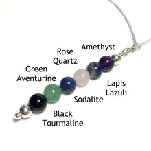 Load image into Gallery viewer, Calming pendant with the beads labelled as amethyst, lapis lazuli, rose quartz, sodalite, green aventurine and black tourmaline
