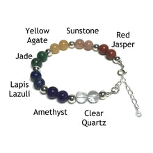 Load image into Gallery viewer, Chakra bracelet with the beads labelled as red jasper, sunstone, yellow agate, jade, lapis lazuli, amethyst and clear quartz
