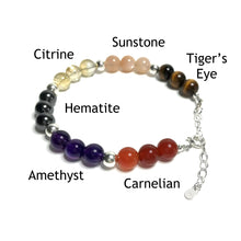 Load image into Gallery viewer, Confidence bracelet with the beads labelled as tiger&#39;s eye, sunstone, citrine, hematite, amethyst and carnelian
