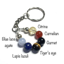 Load image into Gallery viewer, Creativity keychain with the beads labelled as blue lace agate, lapis lazuli, tiger&#39;s eye, garnet, carnelian and citrine
