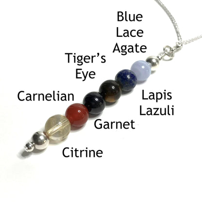 Creativity pendant with the beads labelled as blue lace agate, lapis lazuli, tiger's eye, garnet, carnelian and citrine