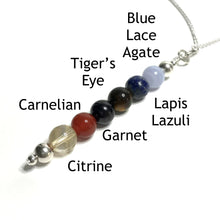 Load image into Gallery viewer, Creativity pendant with the beads labelled as blue lace agate, lapis lazuli, tiger&#39;s eye, garnet, carnelian and citrine
