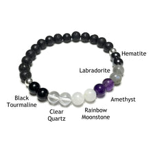 Load image into Gallery viewer, Empath protection bracelet with lava rock with the beads labelled as black tourmaline, clear quartz, rainbow moonstone, amethyst, labradorite and hematite
