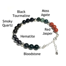 Load image into Gallery viewer, Grounding bracelet with the beads labelled as red jasper, moss agate, black tourmaline, smoky quartz, hematite and bloodstone
