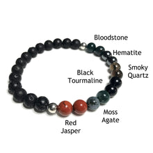 Load image into Gallery viewer, Grounding bracelet with lava rock with the beads labelled as red jasper, moss agate, black tourmaline, smoky quartz, hematite and bloodstone
