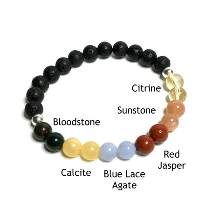 Happiness bracelet with lava rock with the beads labelled as  citrine, sunstone, red jasper, blue lace agate, calcite and bloodstone