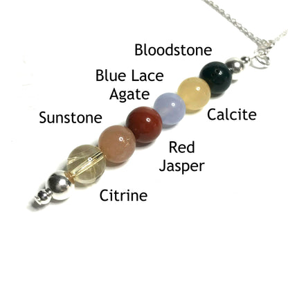 Happiness pendant with the beads labelled as  citrine, sunstone, red jasper, blue lace agate, calcite and bloodstone