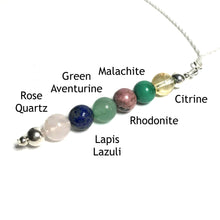 Load image into Gallery viewer, Love pendant with the beads labelled as rose quartz, lapis lazuli, green aventurine, rhodonite, malachite and citrine
