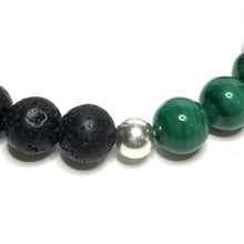 Load image into Gallery viewer, Close up of sterling silver bead between lava and malachite beads
