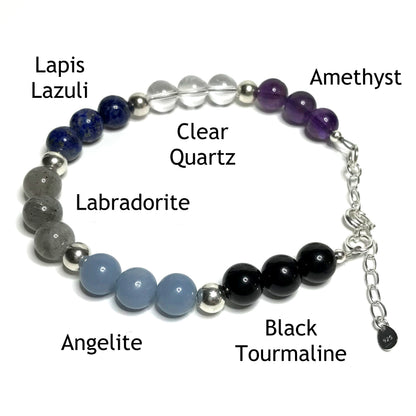 Meditation bracelet with the beads labelled as amethyst, clear quartz, lapis lazuli, labradorite, angelite and black tourmaline