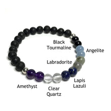 Load image into Gallery viewer, Meditation bracelet with lava rock with the beads labelled as amethyst, clear quartz, lapis lazuli, labradorite, angelite and black tourmaline
