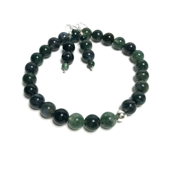 Moss agate beaded bracelet and matching earrings