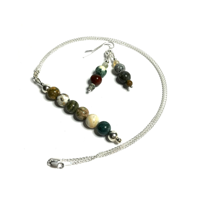 Ocean jasper pendant with matching bead earrings