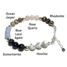 Load image into Gallery viewer, Patience bracelet with the beads labelled as rhodonite, rose quartz, ocean jasper, blue lace agate, dumortierite and howlite
