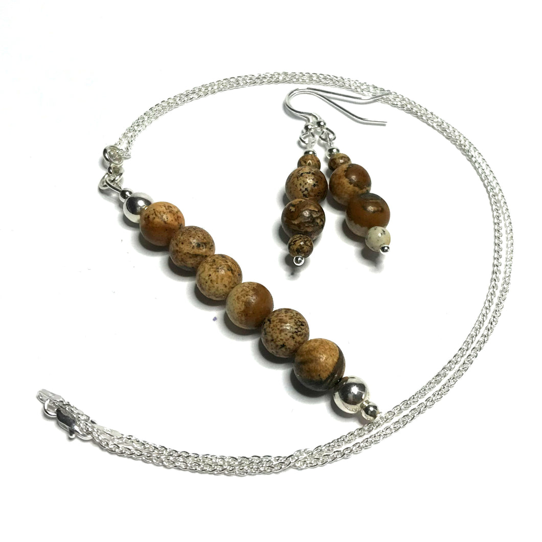 Picture jasper pendant with matching bead earrings