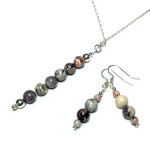 Load image into Gallery viewer, Pink zebra jasper crystal pendant with matching dangle earrings
