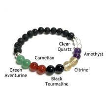 Load image into Gallery viewer, Positivity bracelet with lava rock with the beads labelled as clear quartz, amethyst, citrine, black tourmaline, carnelian and green aventurine

