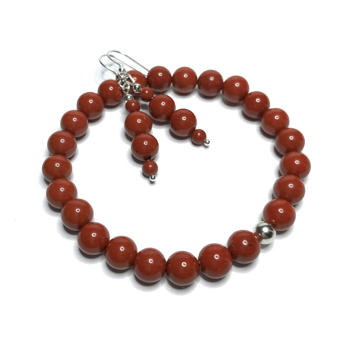 Red jasper bracelet with matching drop earrings set