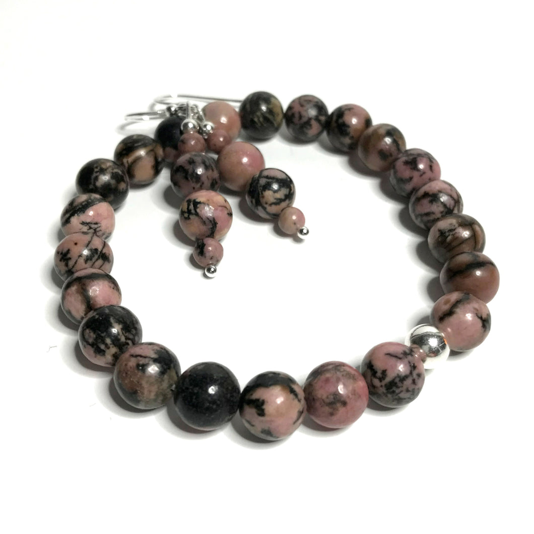 Rhodonite bracelet with matching drop earrings