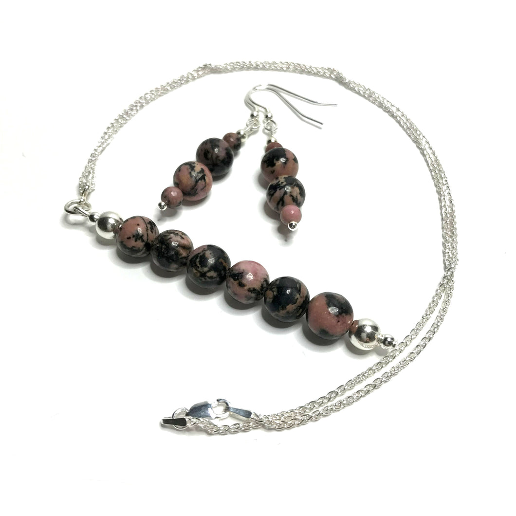 Rhodonite pendant with matching beaded earrings