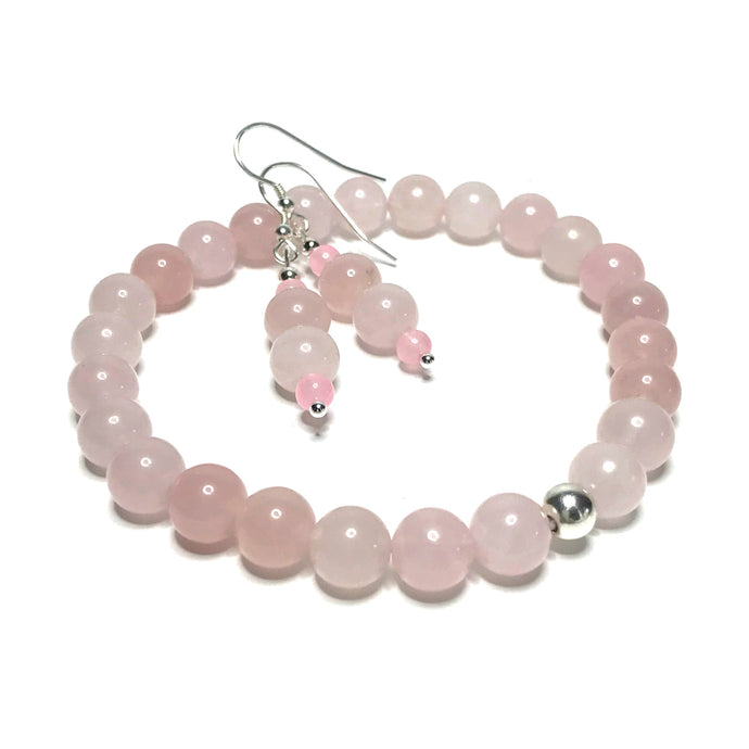 Rose quartz bracelet and earrings set