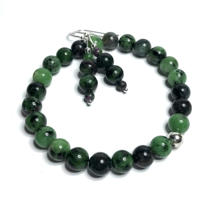 Ruby zoisite bracelet with matching drop earrings