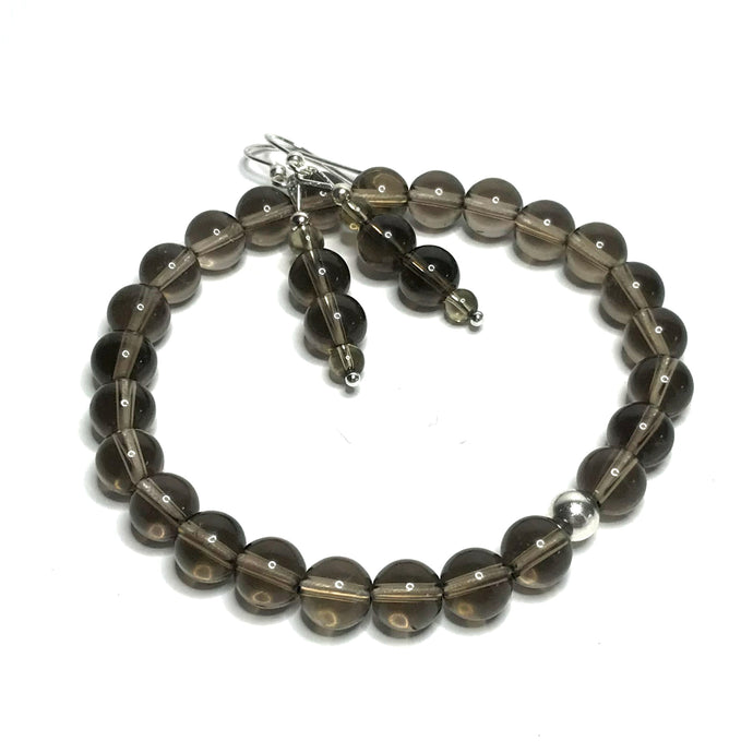 Smoky quartz bracelet with matching bead earrings