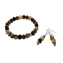 Load image into Gallery viewer, Wood jasper bracelet with matching dangle earrings
