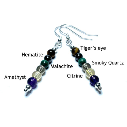 Addiction recovery earrings with the beads labelled as tiger's eye, hematite, malachite, smoky quartz, citrine and amethyst