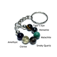 Load image into Gallery viewer, Addiction recovery keychain with the beads labelled as tiger&#39;s eye, hematite, malachite, smoky quartz, citrine and amethyst
