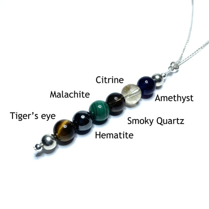 Addiction recovery pendant with the beads labelled as tiger's eye, hematite, malachite, smoky quartz, citrine and amethyst