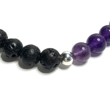 Load image into Gallery viewer, Close up of an amethyst and lava rock strech bracelet.
