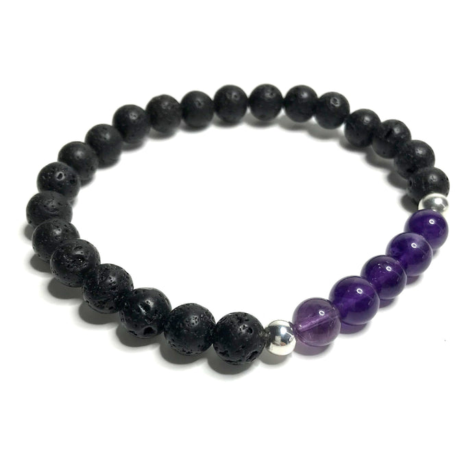 A handmade beaded amethyst and lava rock strech bracelet with sterling silver beads.