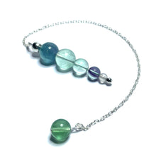 Load image into Gallery viewer, Rainbow fluorite crystal pendulum on a silver chain
