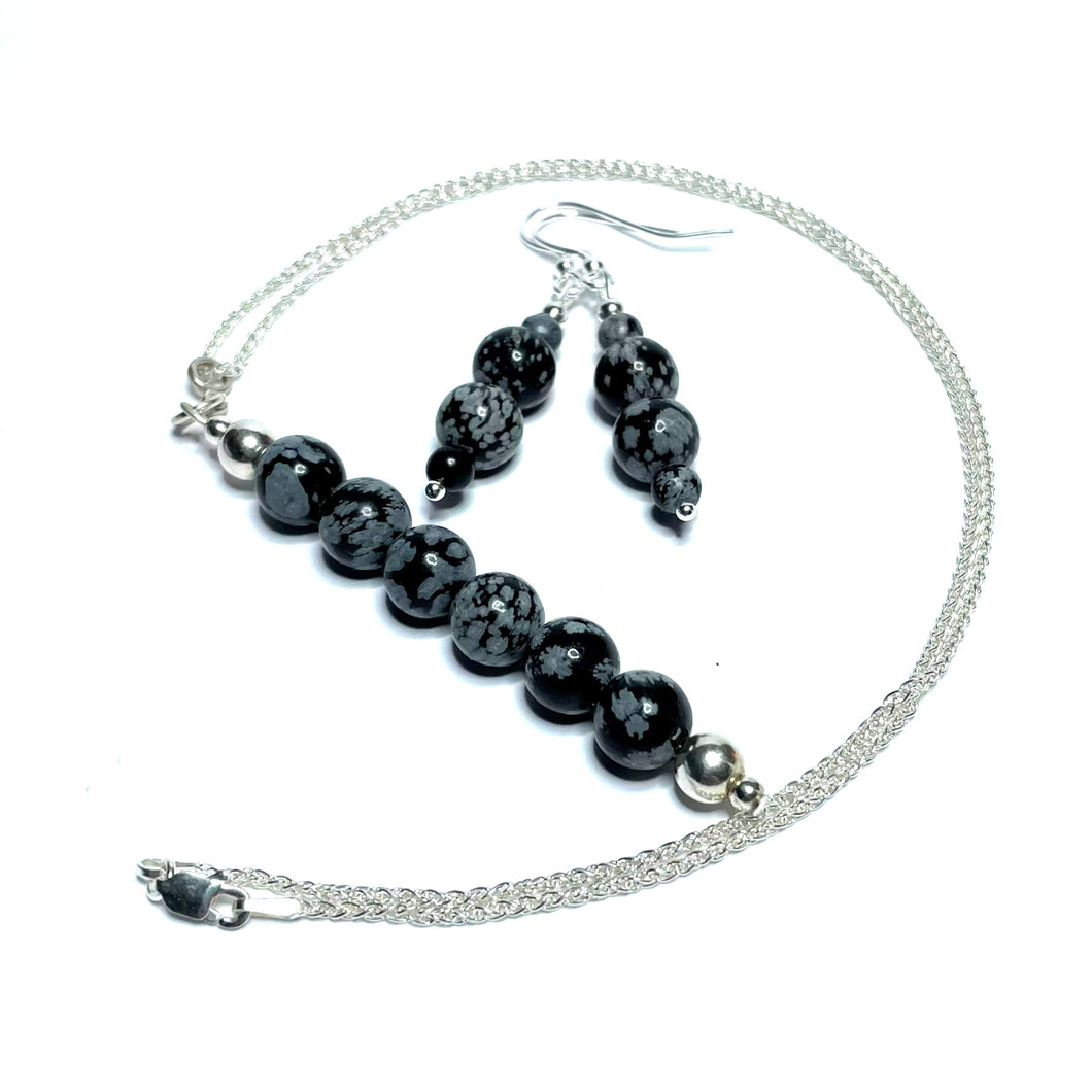 Snowflake obsidian pendant and earrings set