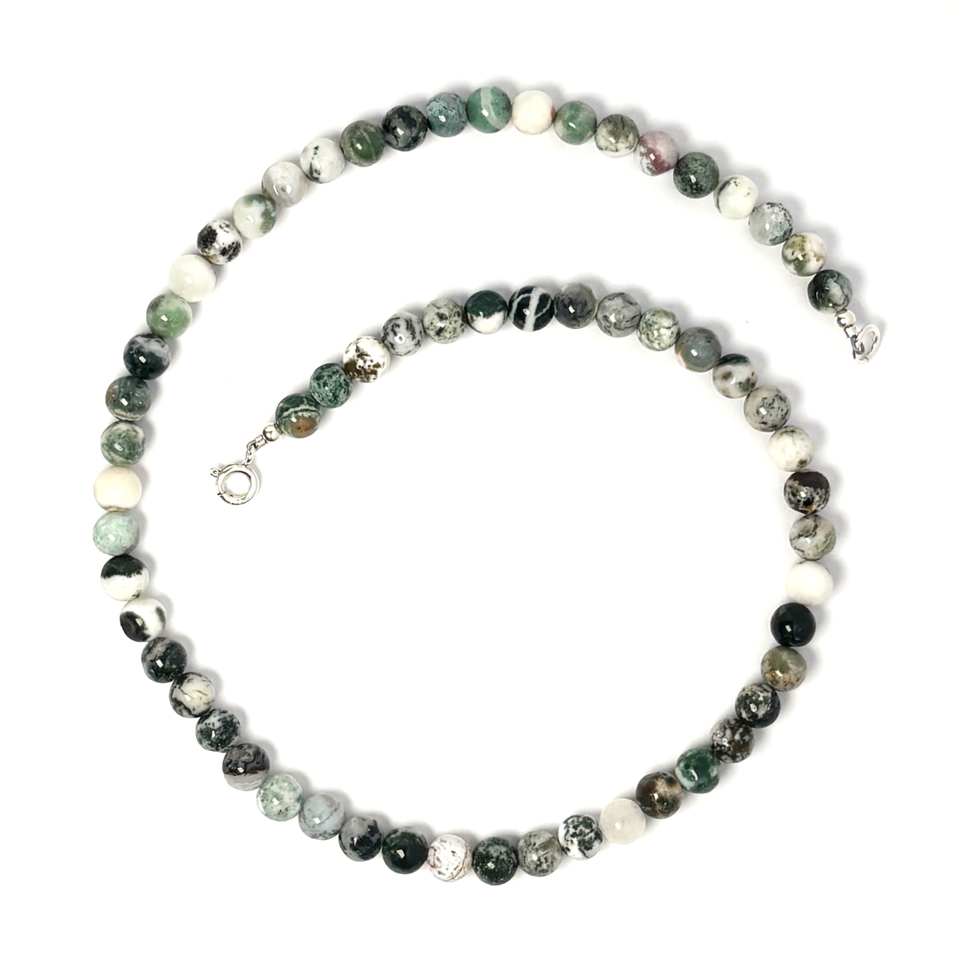 Beaded Tree Agate chokers on a white background