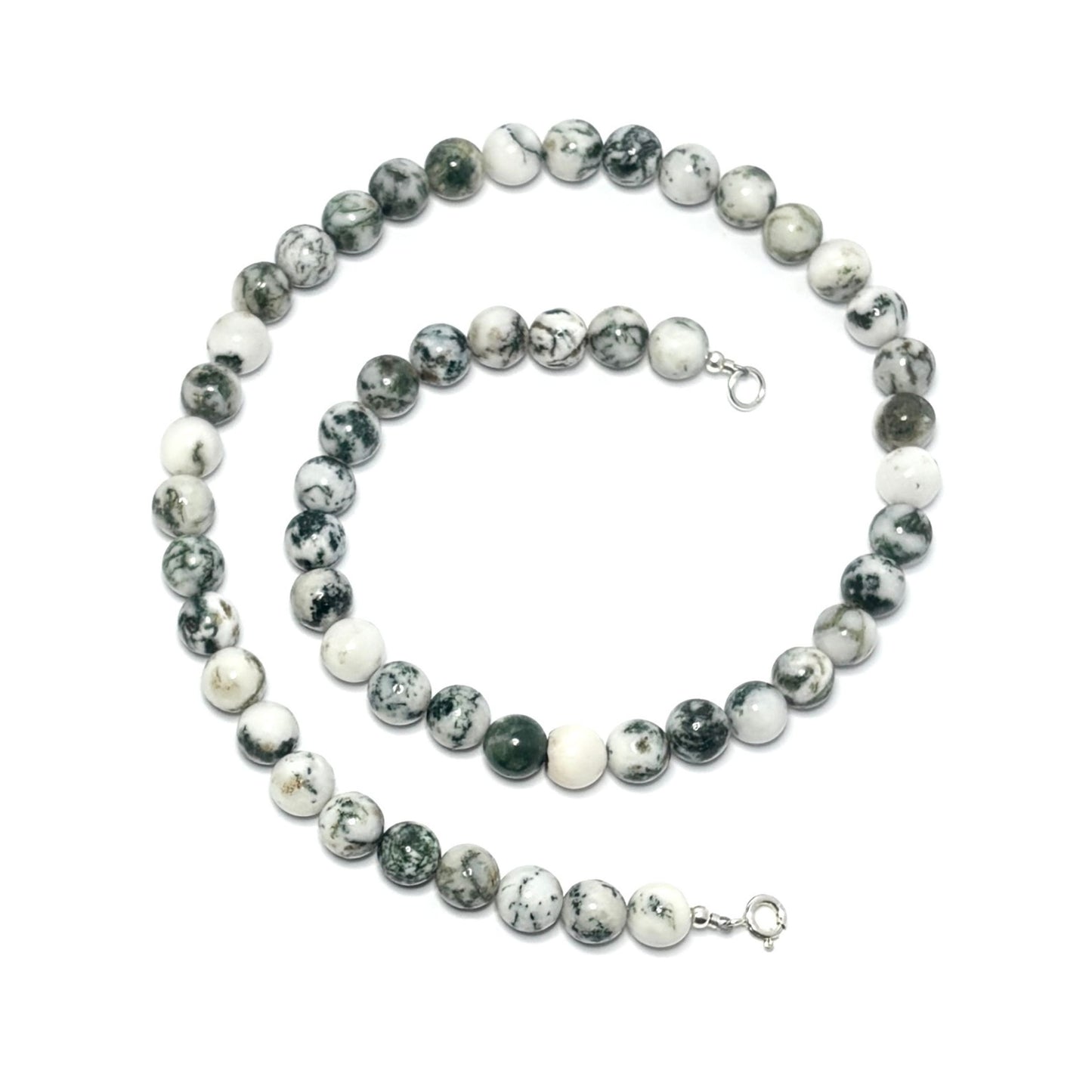 Beaded necklace with Tree Agate beads on a white background