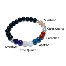 Load image into Gallery viewer, Weight loss bracelet with lava rock with the beads labelled as apatite, amethyst, clear quartz, sunstone, rose quartz and carnelian
