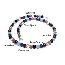 Load image into Gallery viewer, Weight loss choker with the beads labelled as apatite, amethyst, clear quartz, sunstone, rose quartz and carnelian
