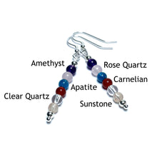 Load image into Gallery viewer, Weight loss earrings with the beads labelled as apatite, amethyst, clear quartz, sunstone, rose quartz and carnelian
