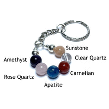 Load image into Gallery viewer, Weight loss keychain with the beads labelled as apatite, amethyst, clear quartz, sunstone, rose quartz and carnelian

