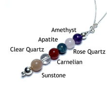 Load image into Gallery viewer, Weight loss pendant with the beads labelled as apatite, amethyst, clear quartz, sunstone, rose quartz and carnelian
