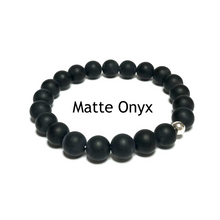 Load image into Gallery viewer, Handmade 10mm matte onyx bracelet on white background labelled with the words matte onyx

