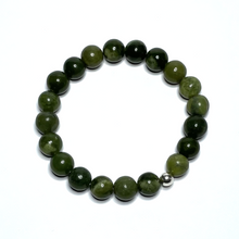 Load image into Gallery viewer, Handmade 10mm nephrite jade bracelet on white background from above
