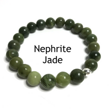 Load image into Gallery viewer, Handmade 10mm nephrite jade bracelet on white background labelled with the words nephrite jade
