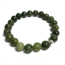 Load image into Gallery viewer, Handmade 10mm nephrite jade bracelet on white background
