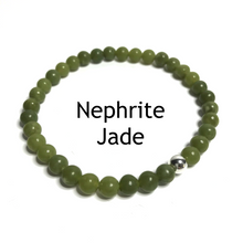 Load image into Gallery viewer, Handmade 6mm nephrite jade bracelet on white background labelled with the words nephrite jade
